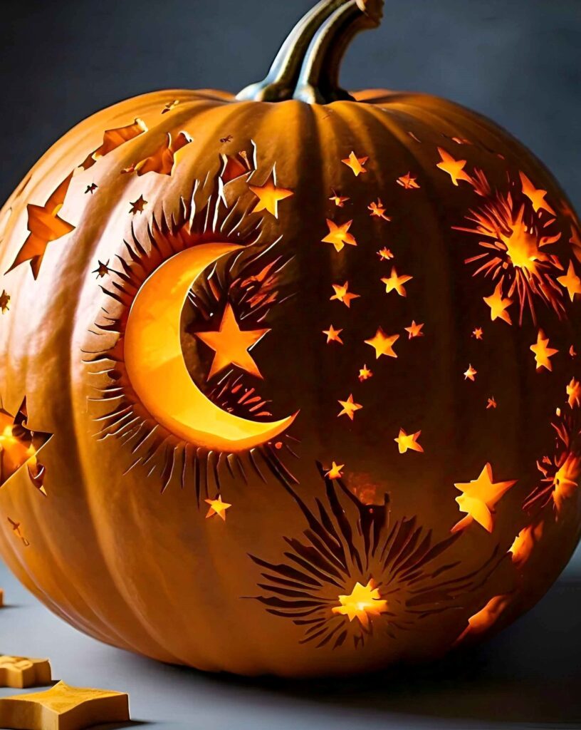 Halloween Pumpkin with Stars and Moon Carvings